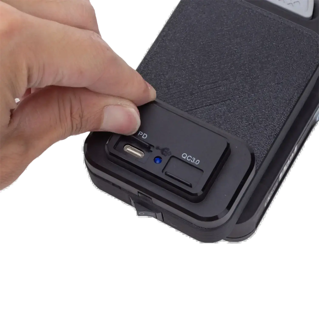 Black rugged ferrex 20v power bank with fast charging usb-c port labeled pd and qc3.0 for durable use