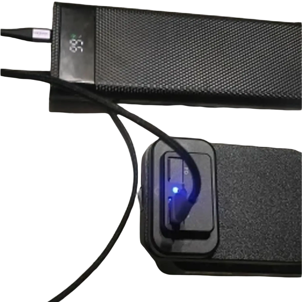 Black textured ferrex 20v power bank fast charging usb adapter with digital display showing 85 percent charge and blue led light