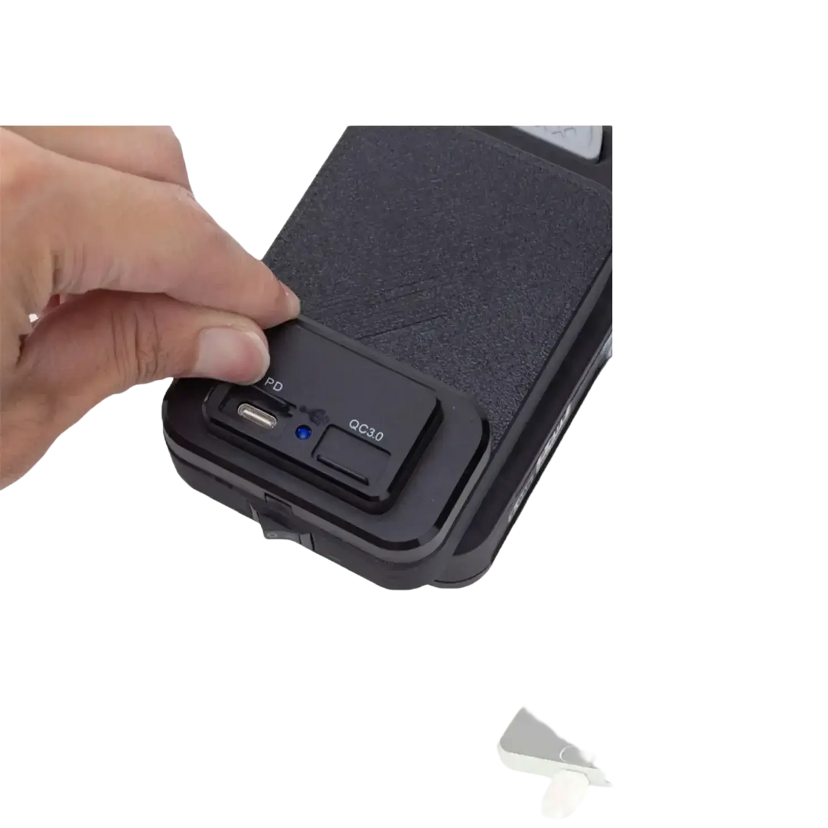Black textured ferrex 20v power bank phone case with integrated usb-c port and qc3.0 fast charging indicator