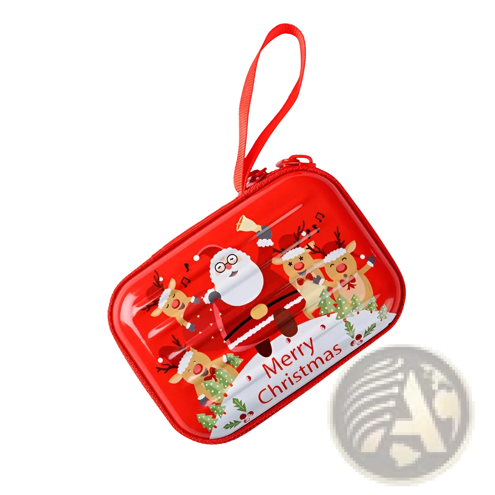 Red tinplate zipper coin purse featuring cartoon santa and reindeer with merry christmas text festive holiday design