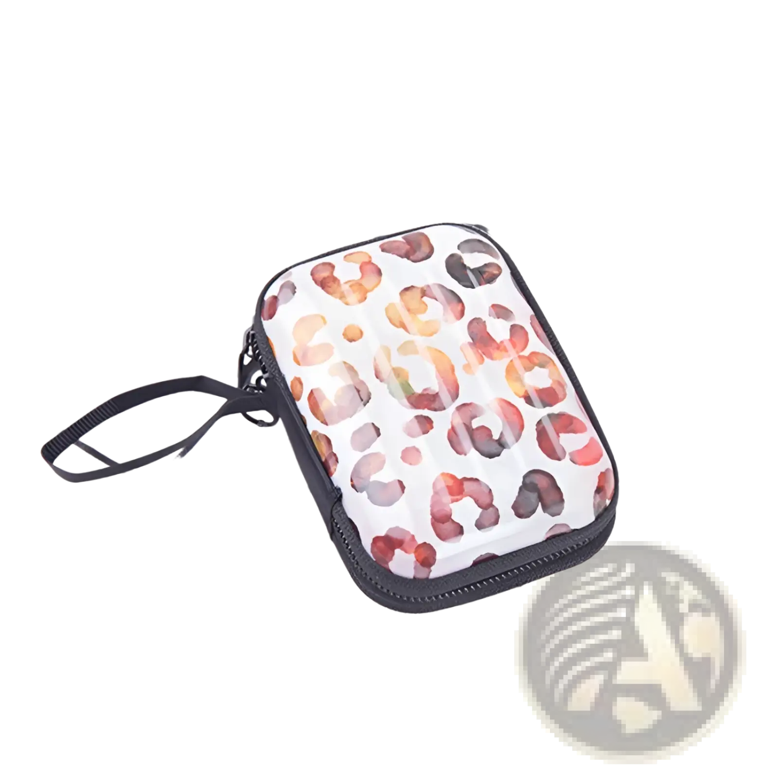 A compact transparent pouch with watercolor leopard print and black zipper from festive Christmas and galaxy coin purses