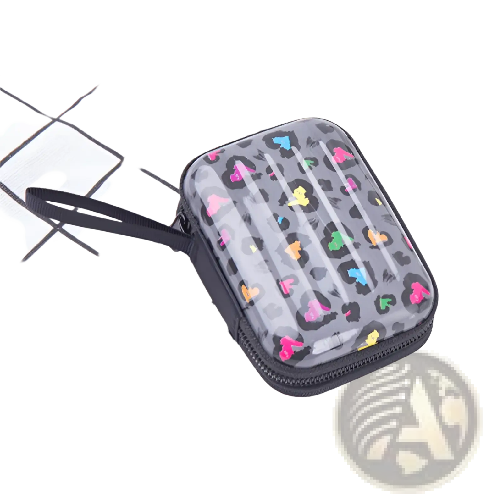 Transparent gray tinplate zipper coin purse with colorful leopard print and black trim for festive Christmas and galaxy use
