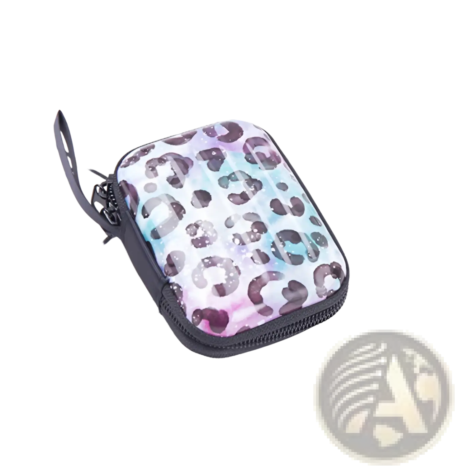 A compact rectangular tinplate zipper coin purse with vibrant pastel leopard print in pink blue and purple
