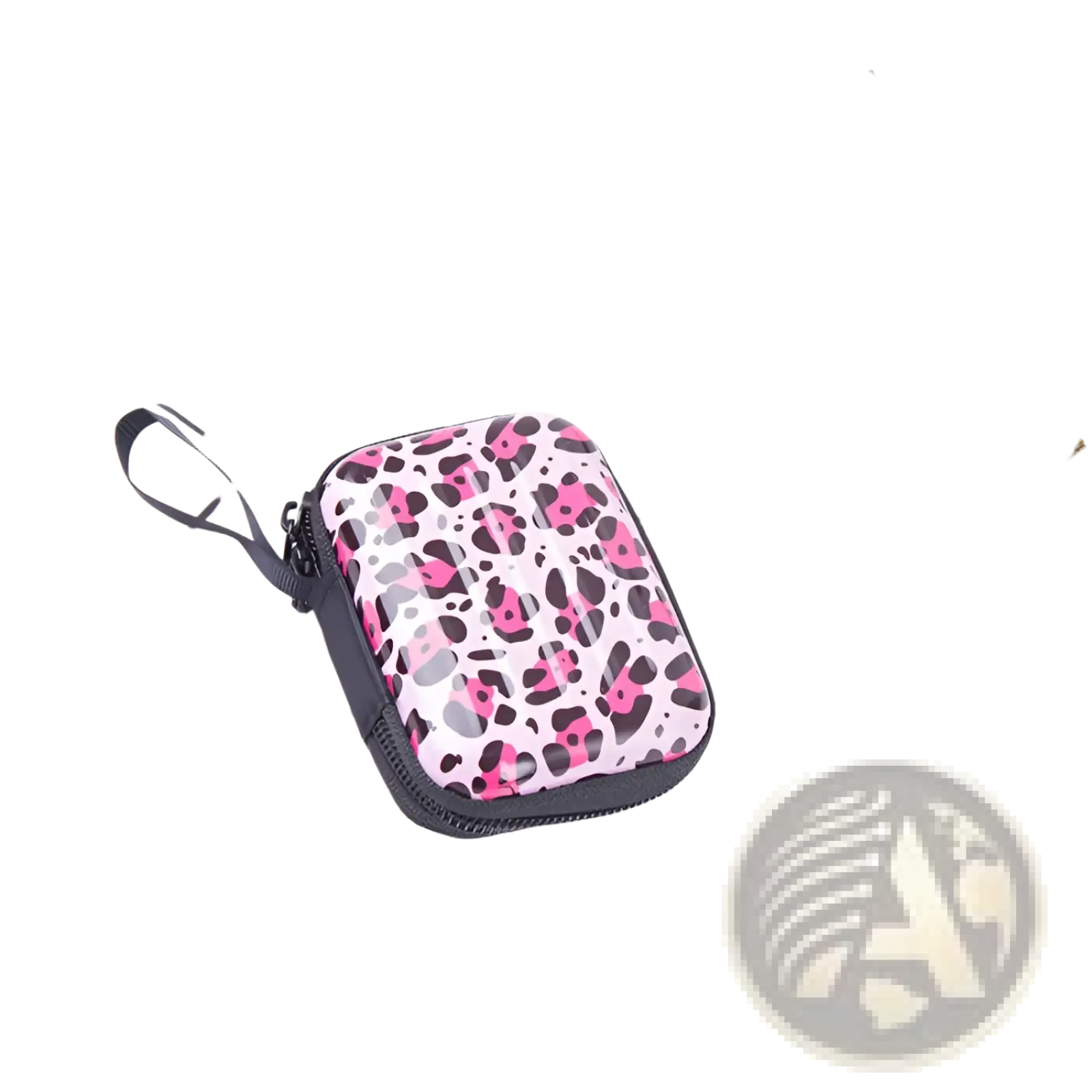 Pink and black leopard print zippered pouch with black wrist strap from festive Christmas and galaxy tinplate coin purses