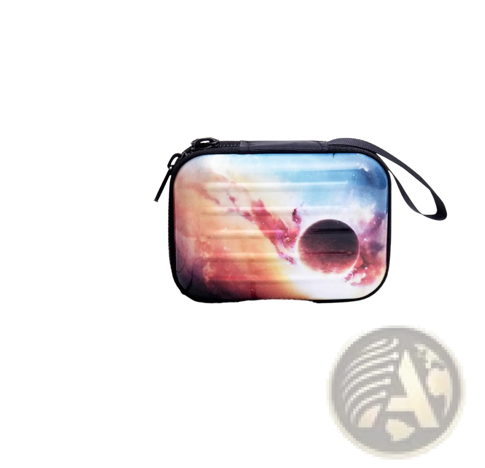 A compact rectangular tinplate zipper coin purse with a vibrant cosmic nebula design in festive Christmas colors