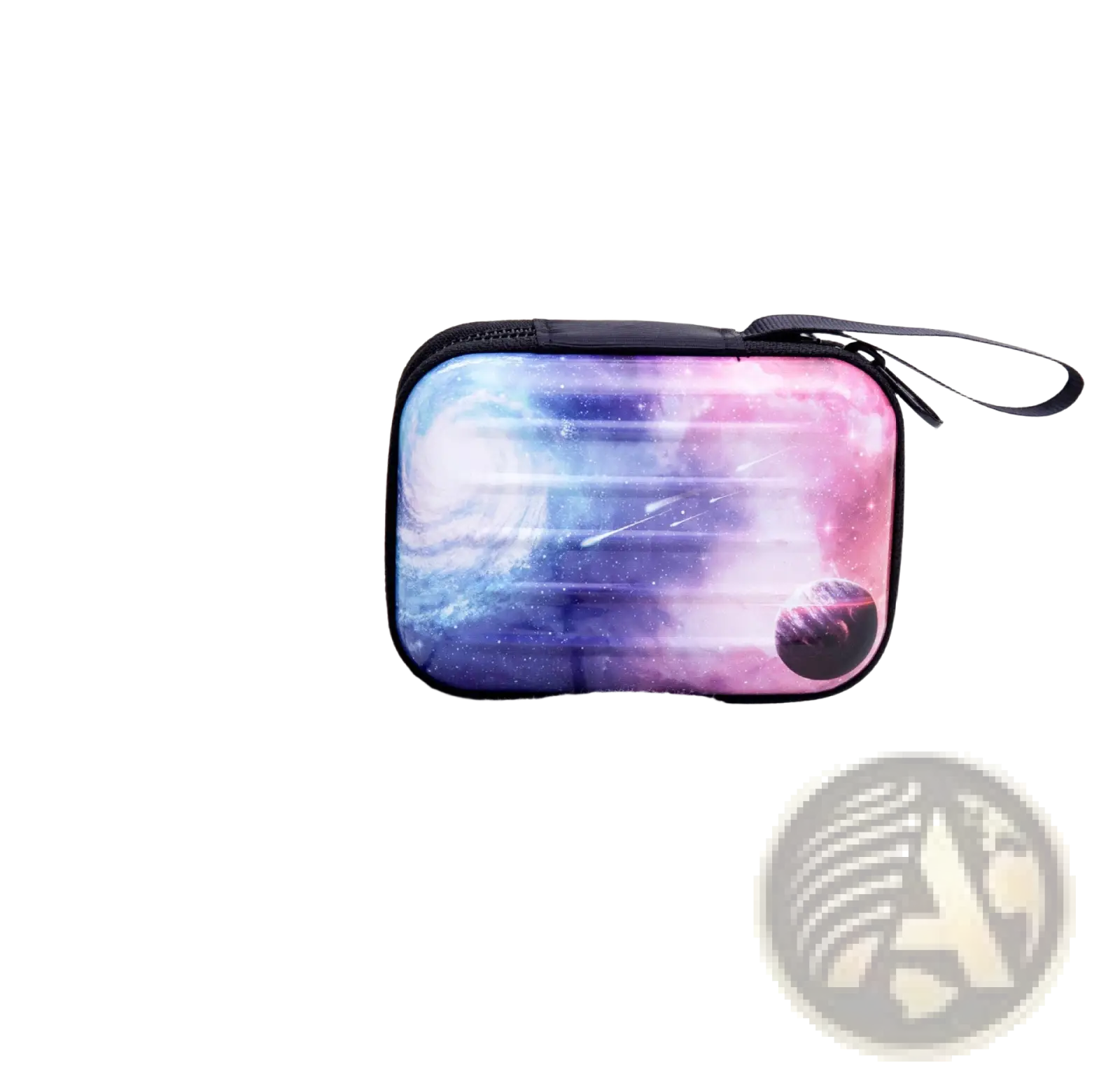 A rectangular tinplate zipper coin purse with a vibrant galaxy print in purples pinks and blues on a dark background