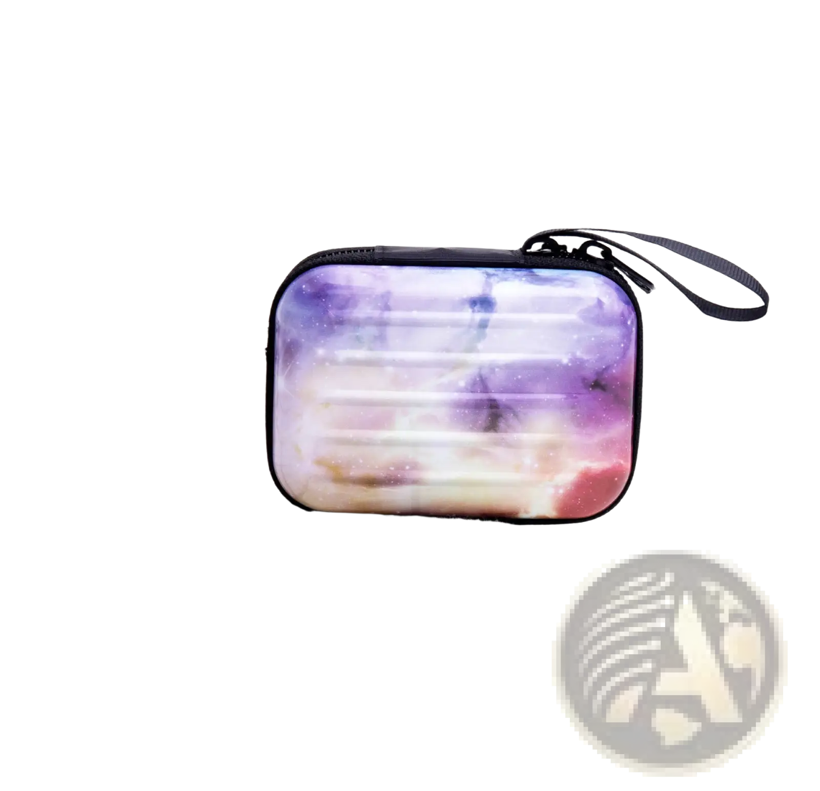 A compact rectangular travel case with vibrant purple pink galaxy print and black trim for zipper coin purses