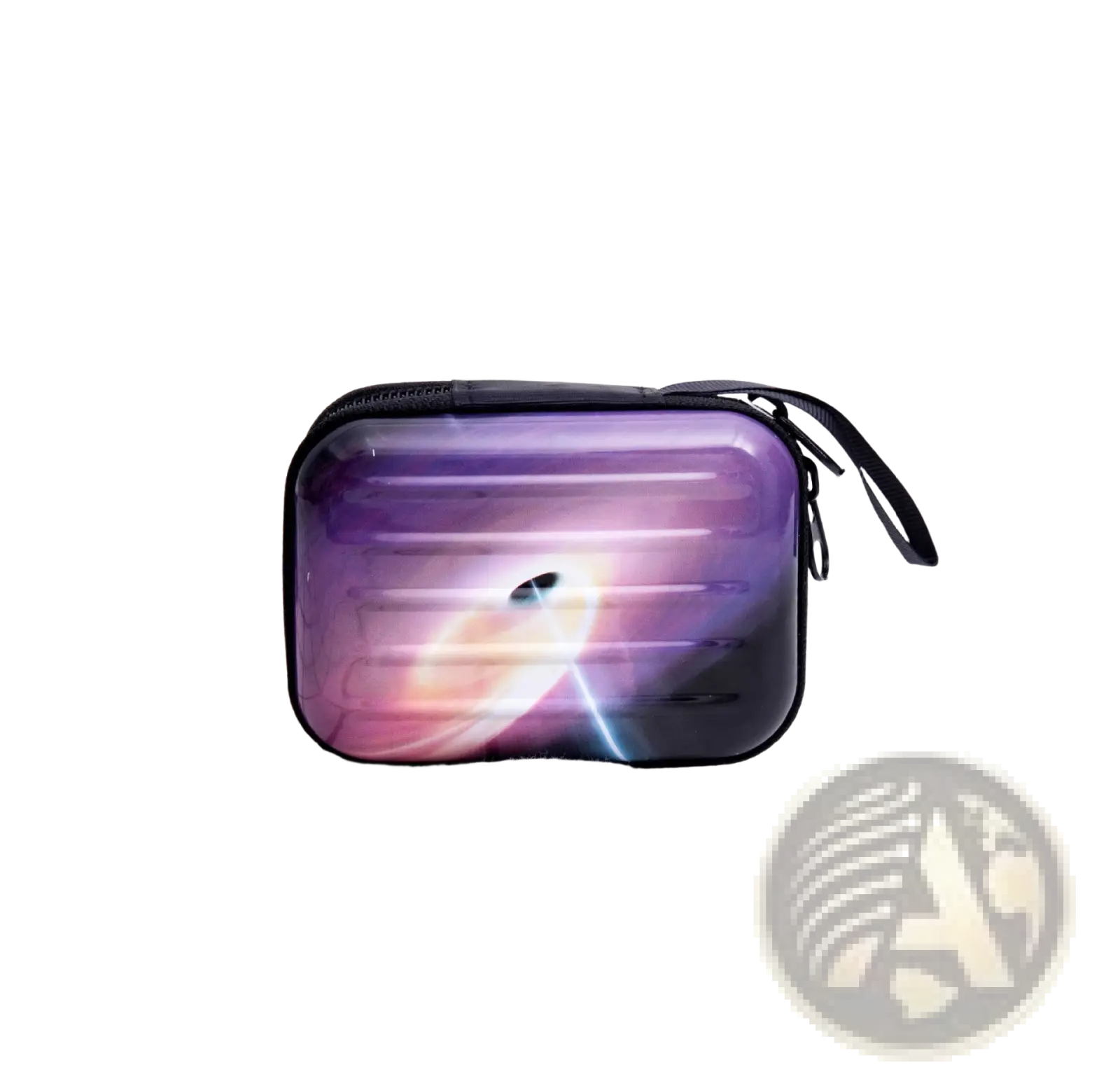 A sleek rectangular tinplate coin purse with a glossy purple and black cosmic design for festive use
