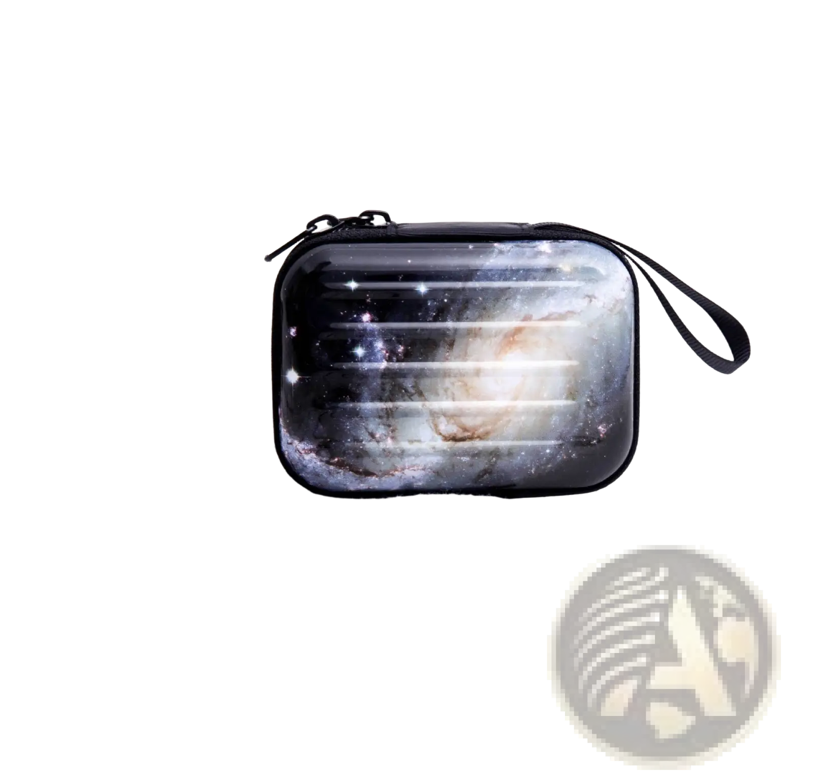 Black tinplate zipper coin purse with vibrant galaxy print and reflective stripes for festive Christmas use