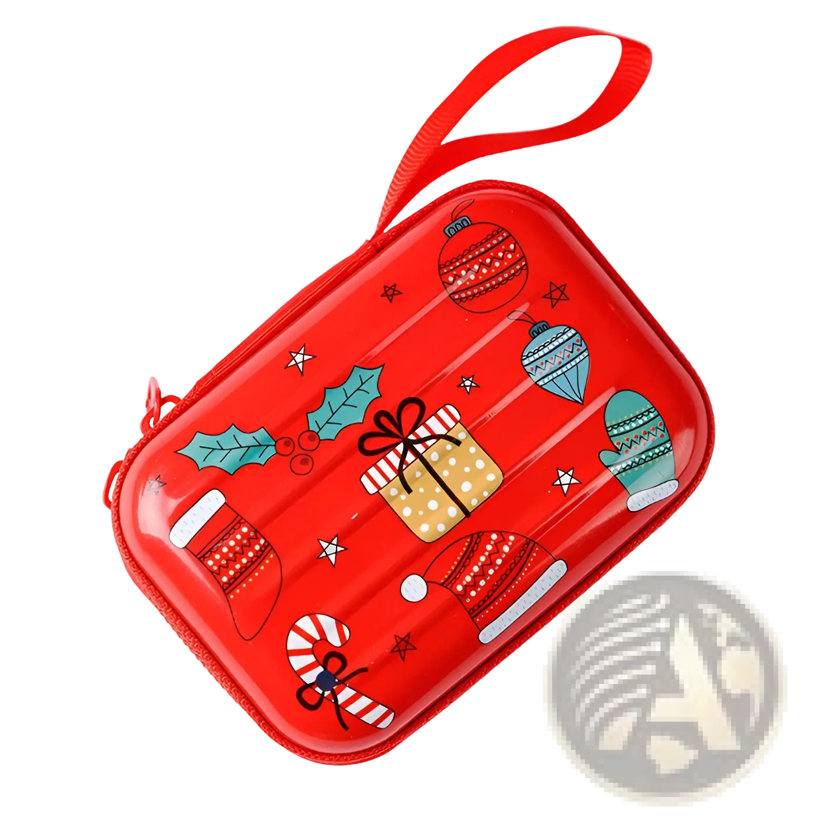 Red festive holiday-themed compact tinplate coin purse with glossy finish and ornament illustrations