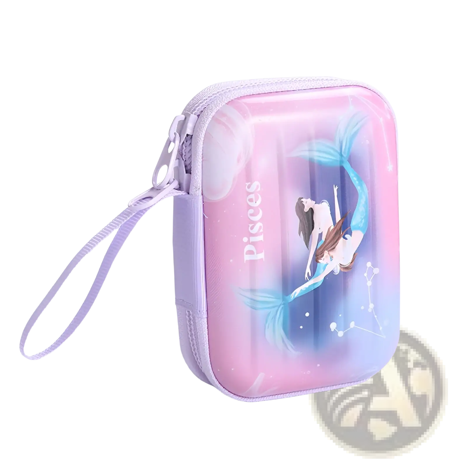 Festive christmas and galaxy tinplate zipper pouch in pastel pink and blue gradient with mermaid pisces design