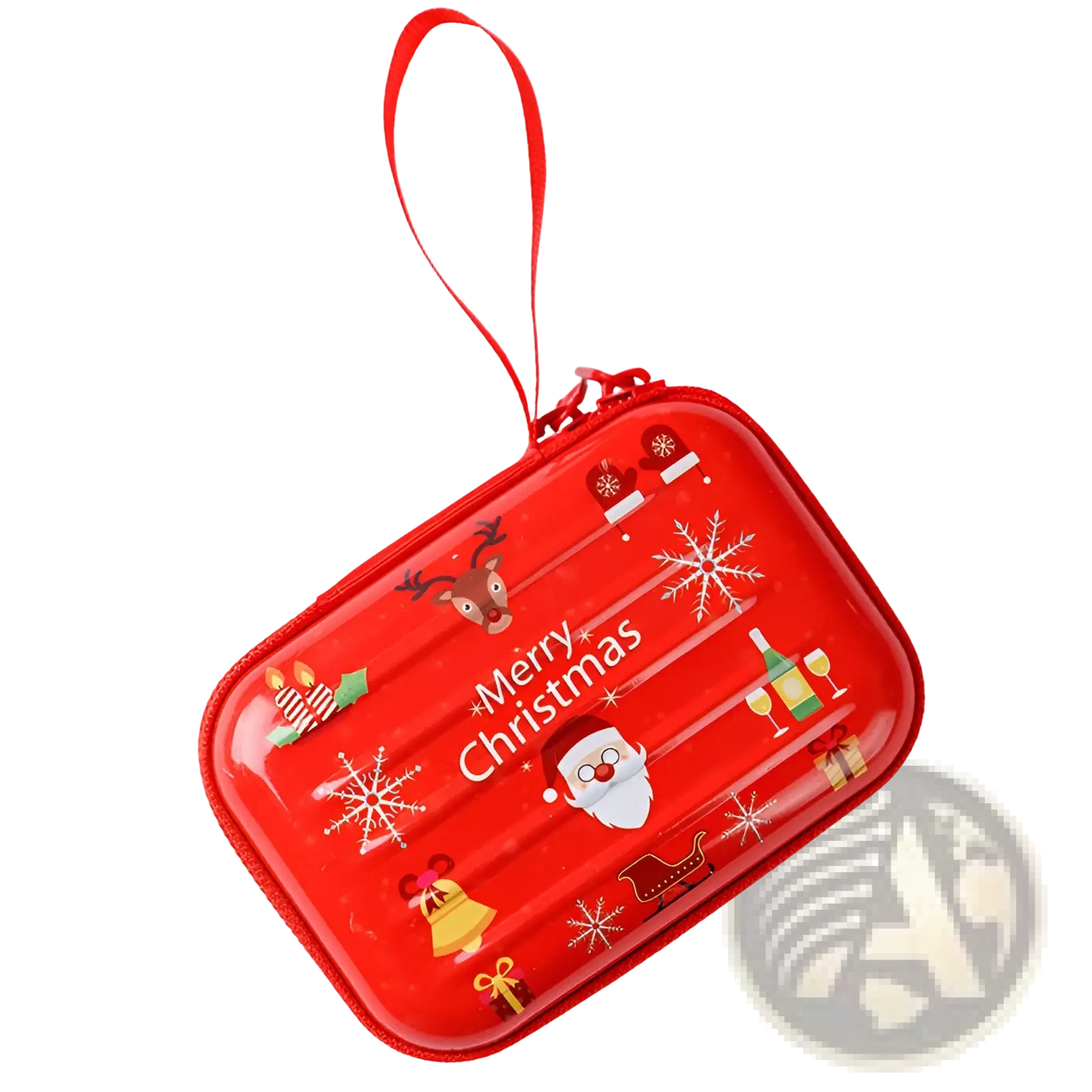 Red tinplate zipper coin purse with festive christmas illustrations and matching red loop handle for holiday use