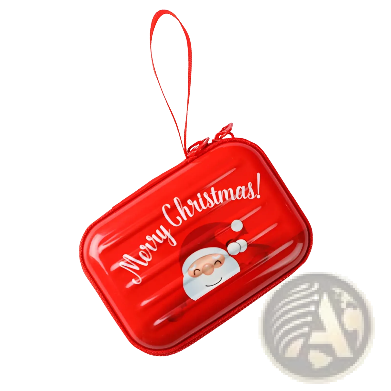 Red rectangular glossy tinplate zipper coin purse featuring a smiling Santa face and merry Christmas text