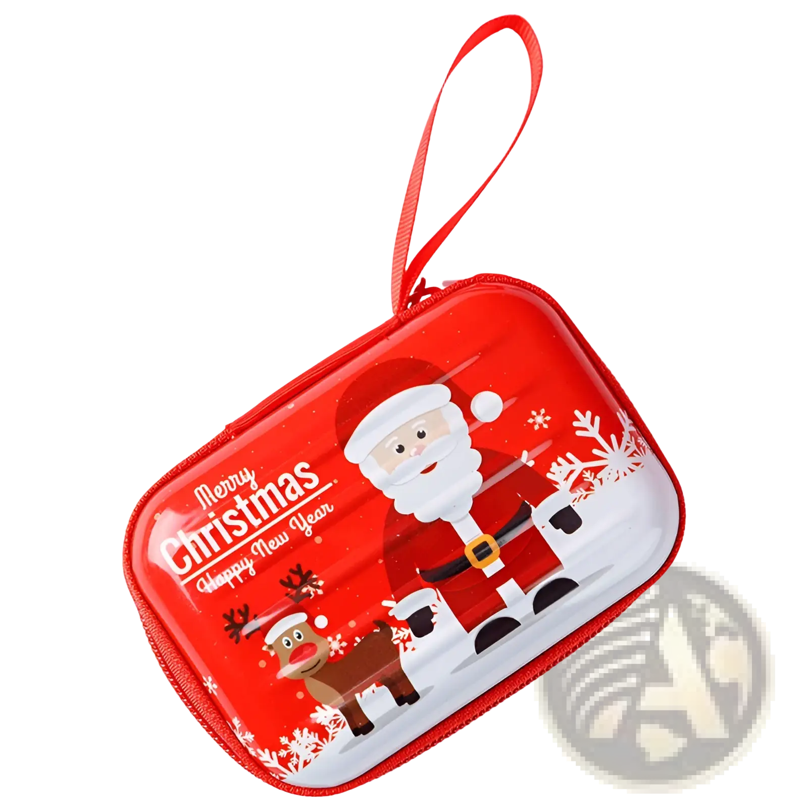 Red festive holiday-themed tinplate zipper pouch featuring cartoon santa and reindeer with merry christmas happy new year text