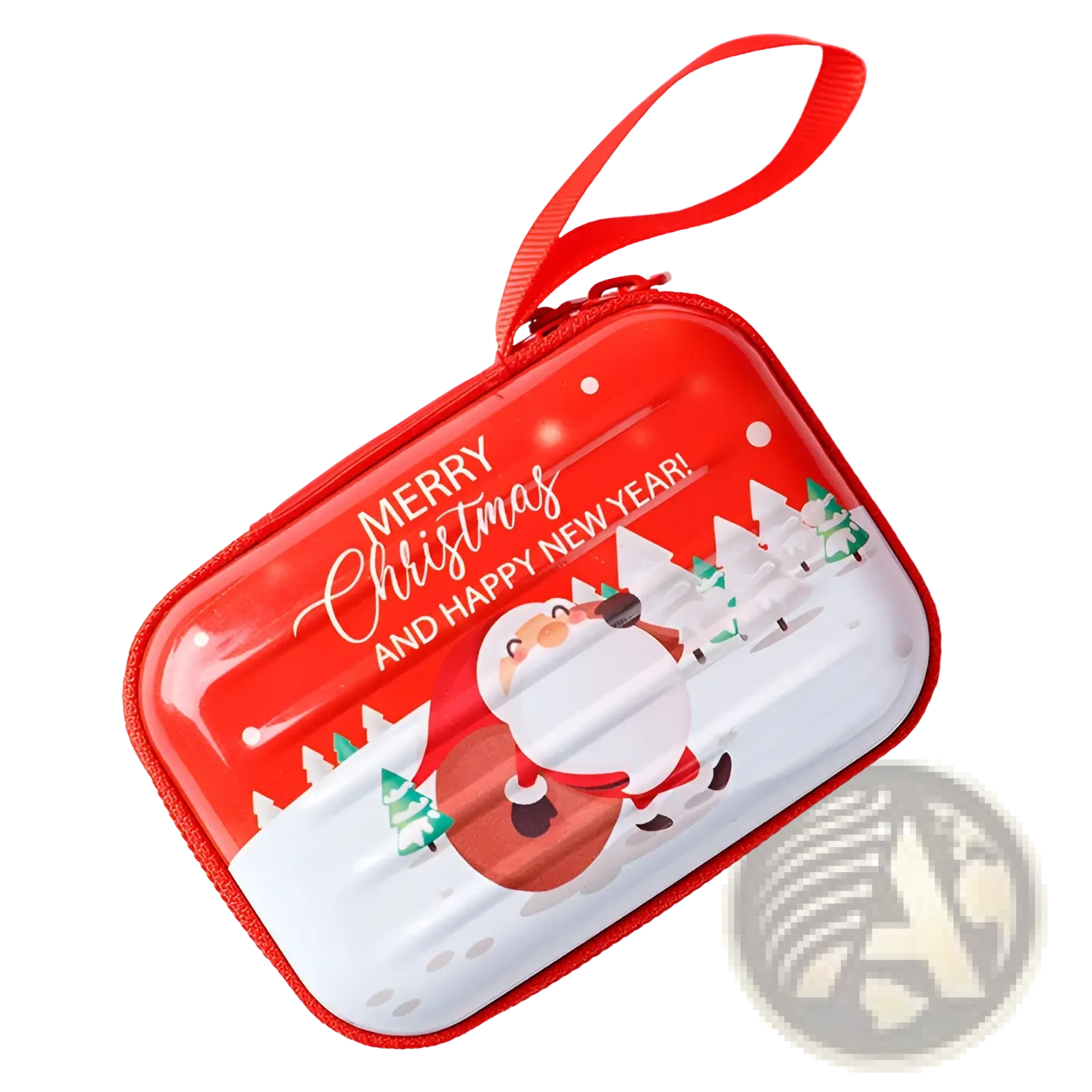 Festive christmas and galaxy tinplate zippered pouch in red and white featuring cartoon santa with snow-covered trees