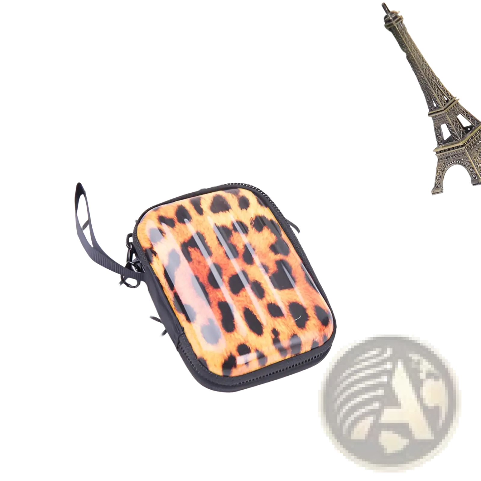 A compact rectangular tinplate camera case in orange and black leopard print with black zipper and wrist strap