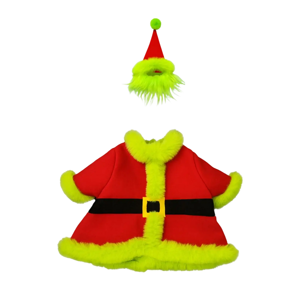 Festive christmas goose outfit with bright green fuzzy beard and hat red plush coat with neon green fur trim and belt