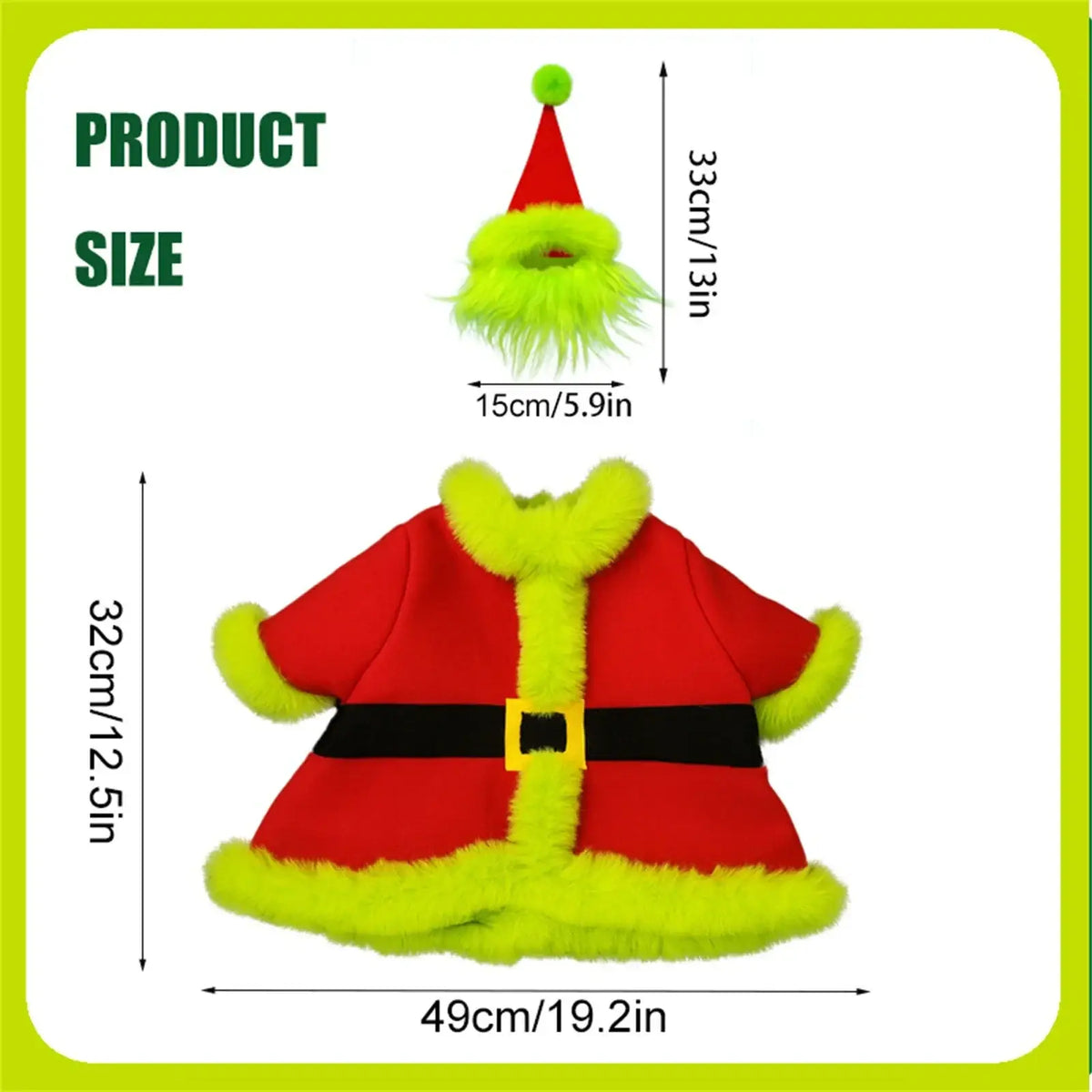 Festive christmas goose outfit with bright green and red plush material and fuzzy trim including hat and cloak