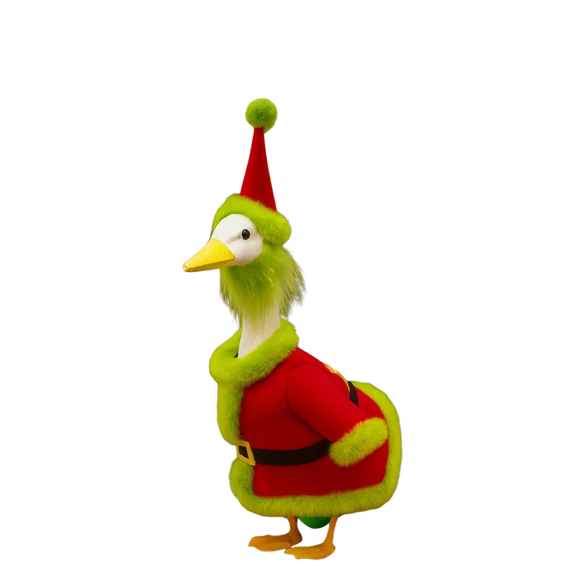 A festive green plush goose outfit featuring a red santa-style cloak and hat with fuzzy trim and pom-pom