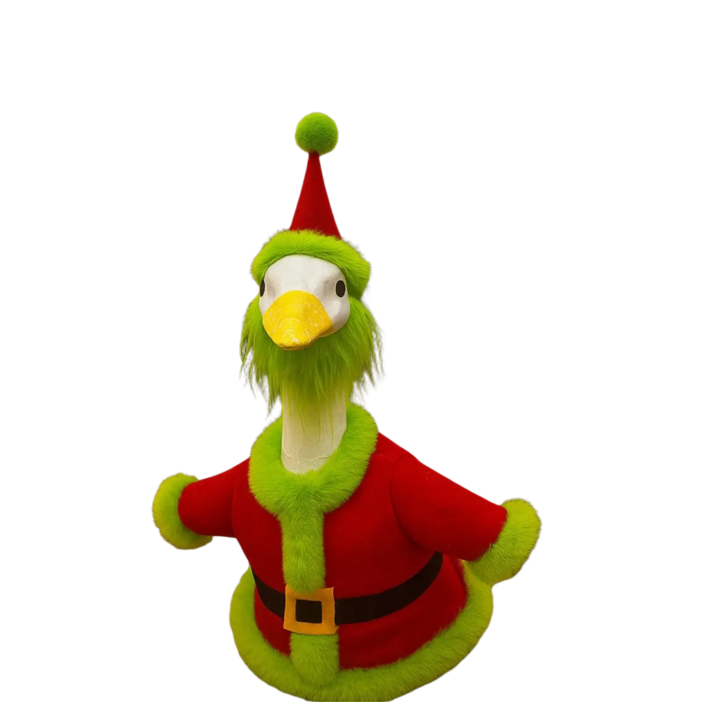 A festive green plush duck in a red santa-style goose outfit with lime-green fur trim and matching hat