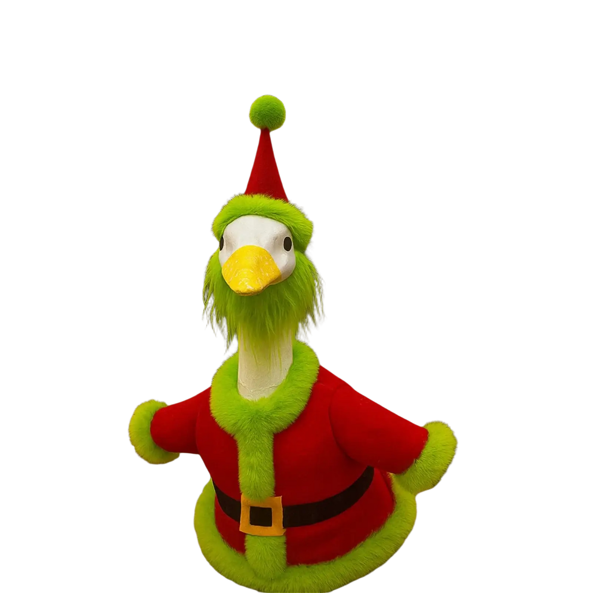 A festive green plush duck in a red santa-style goose outfit with lime-green fur trim and matching hat
