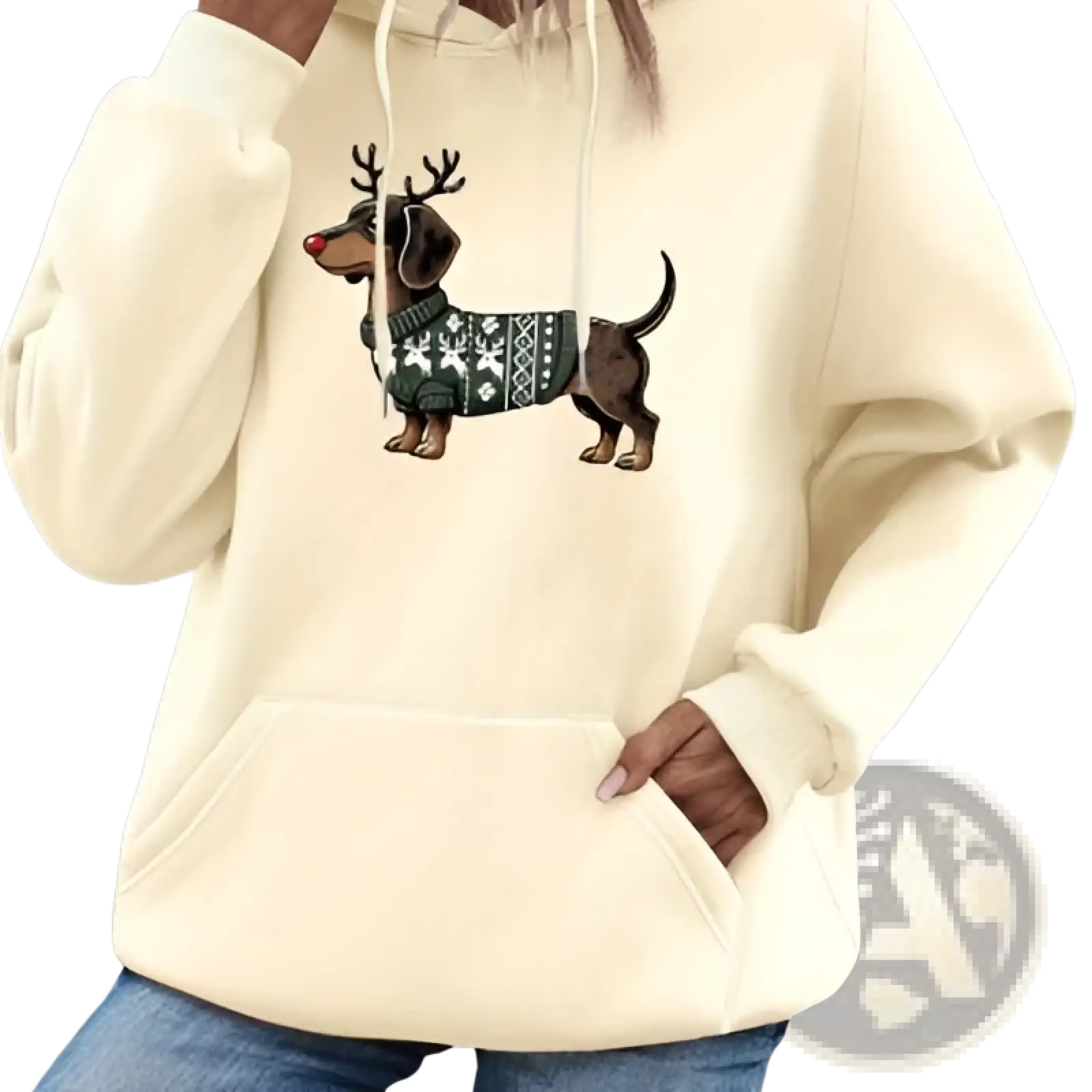 Cream-colored oversized hoodie featuring a festive dachshund graphic with reindeer antlers and a patterned sweater