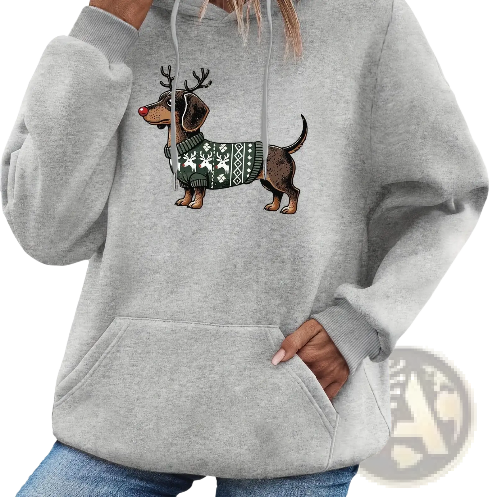 Gray hooded sweatshirt featuring a festive dachshund wearing reindeer antlers and a green holiday sweater with snowflakes