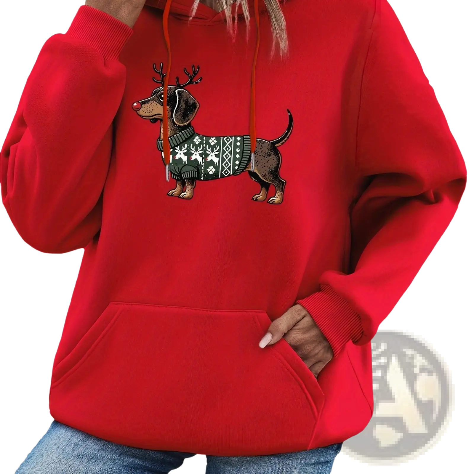 Red hooded sweatshirt featuring a festive dachshund reindeer graphic wearing a green holiday sweater with snowflakes