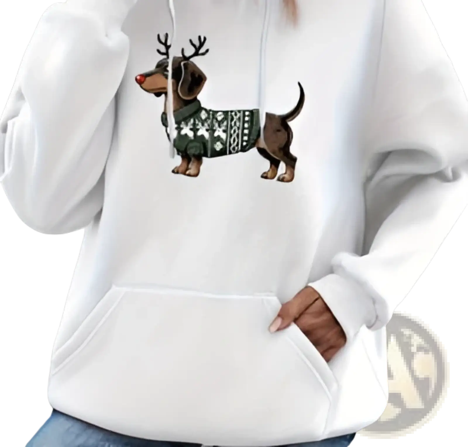 White hoodie featuring a festive dachshund graphic wearing a green and white sweater with antlers for holiday wear