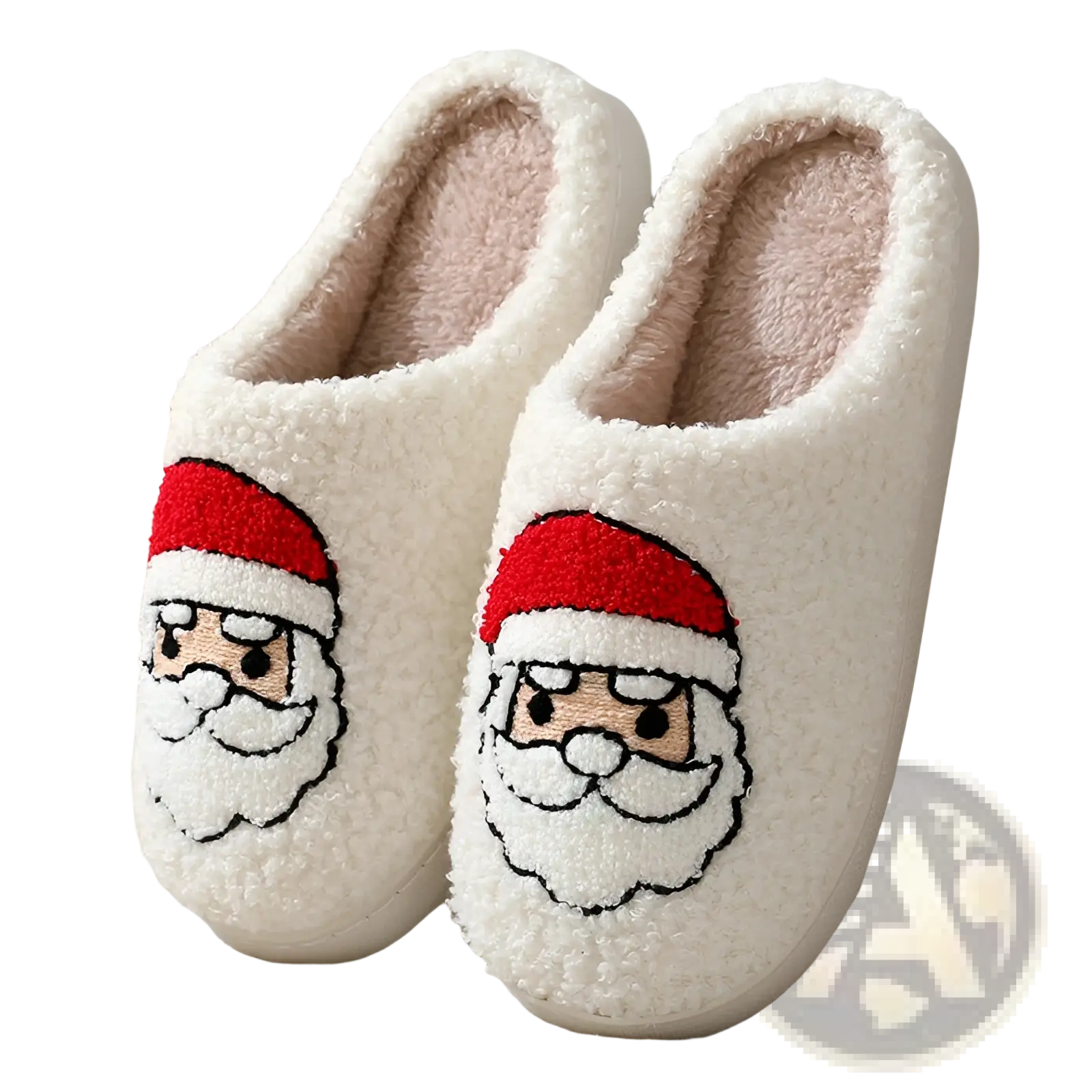 White fluffy slippers with embroidered red and white santa claus faces for festive winter indoor wear