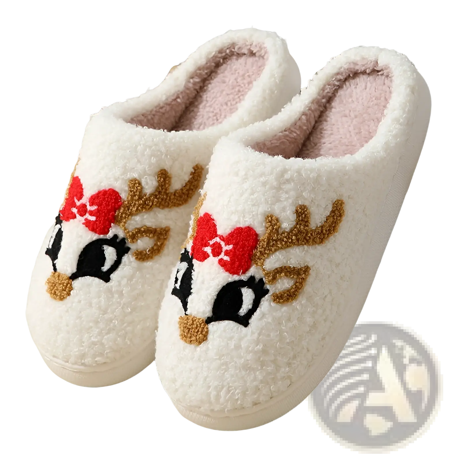 White plush festive embroidered Santa and reindeer winter slippers with reindeer faces, red bows, and brown antlers