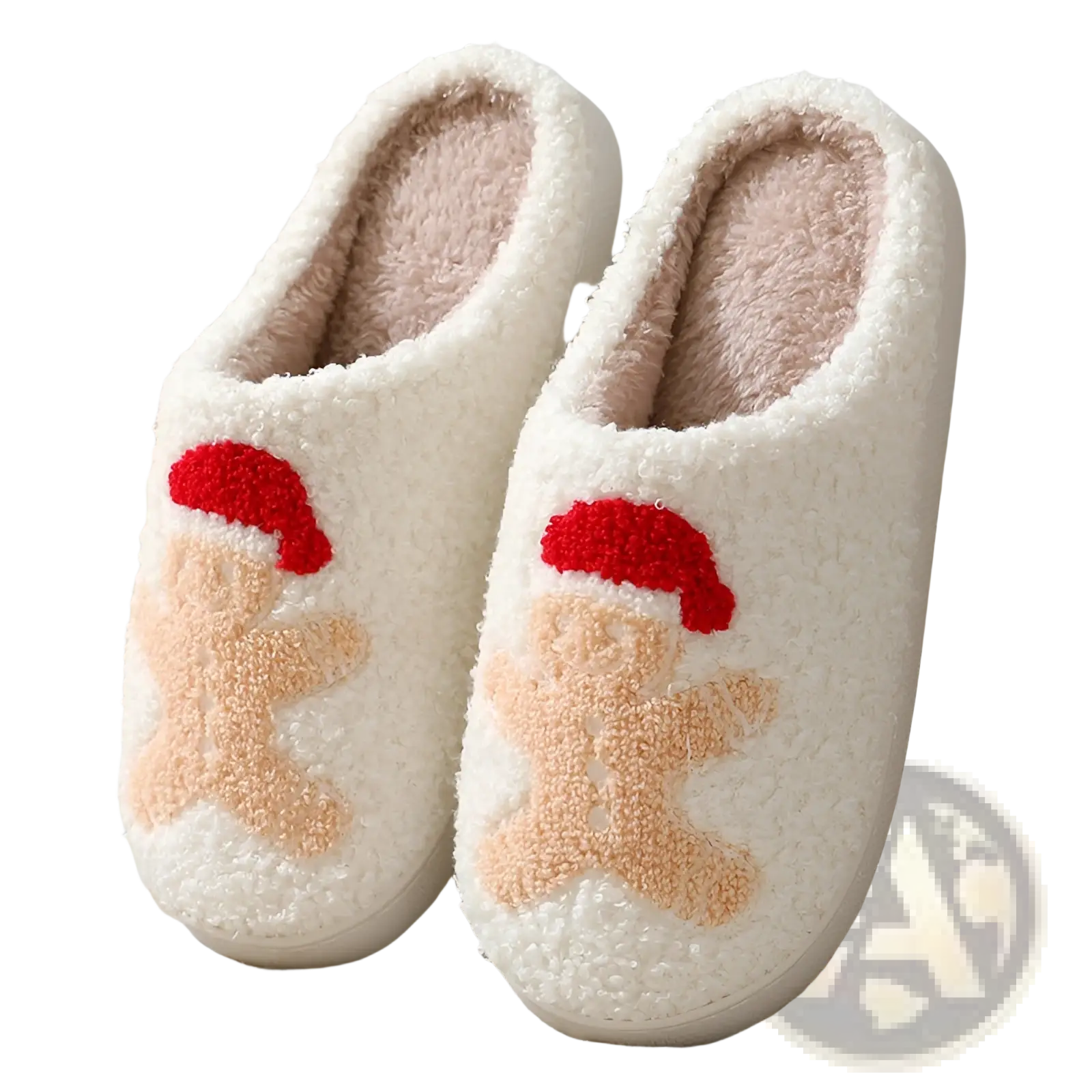White fuzzy winter slippers with beige gingerbread man wearing red hat festive embroidered santa and reindeer design