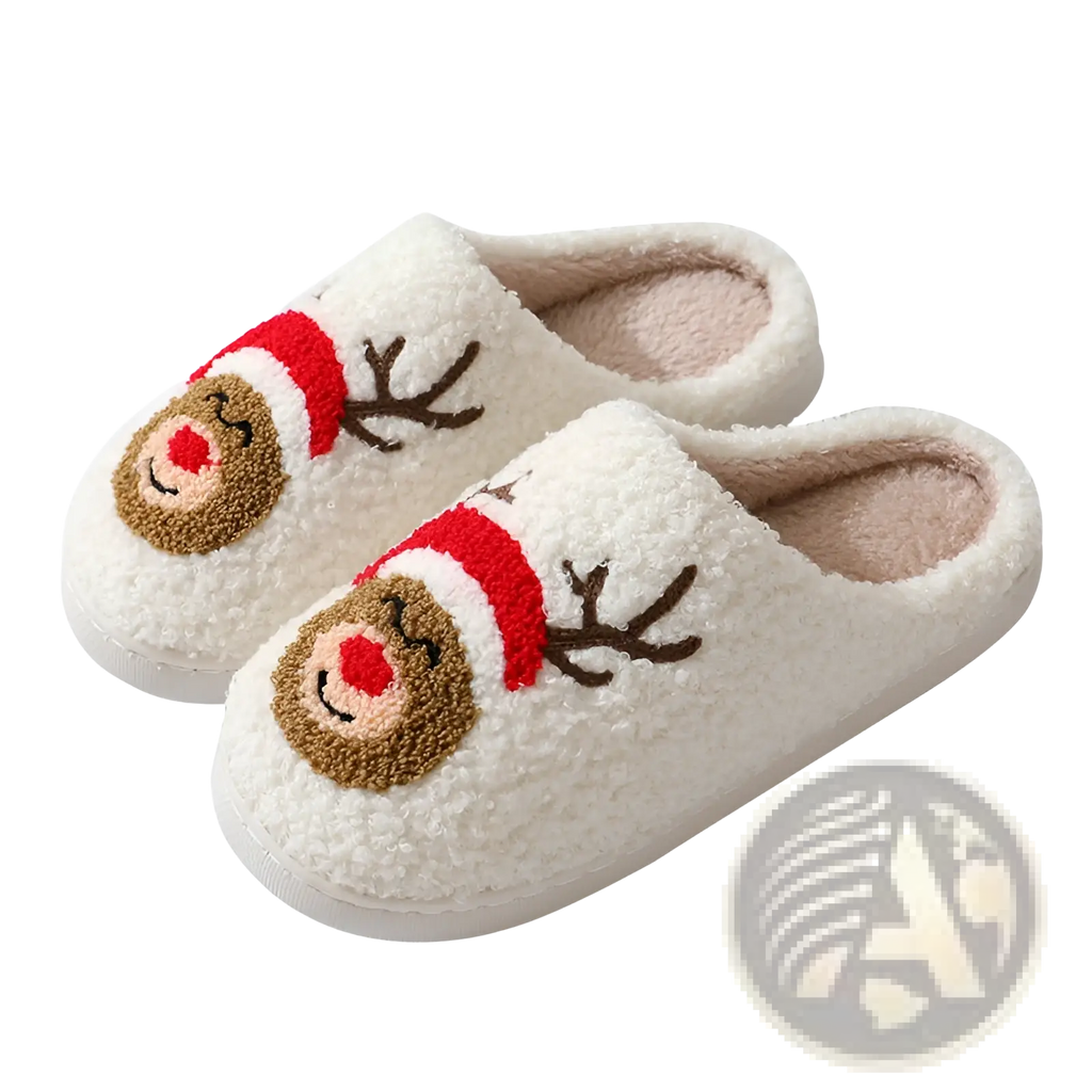 White fluffy slip-on festive embroidered santa and reindeer winter slippers with red hats and brown antlers