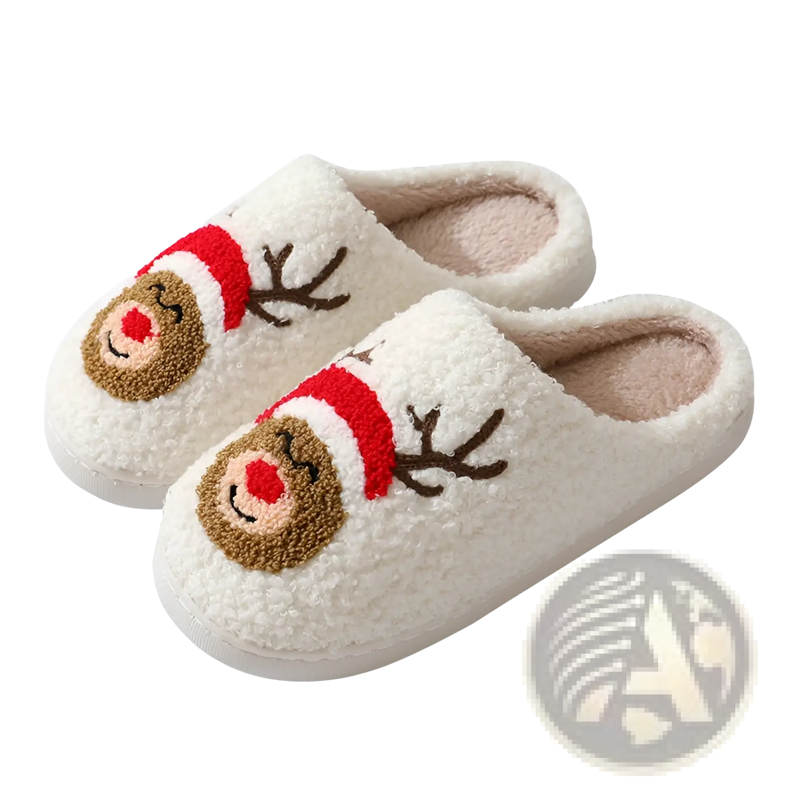 White fluffy slip-on festive embroidered santa and reindeer winter slippers with red hats and brown antlers