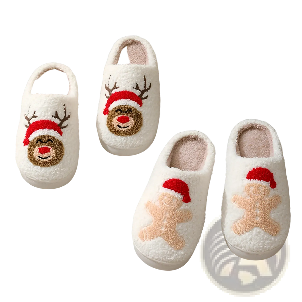 White fluffy festive embroidered santa and reindeer winter slippers with red brown and beige reindeer and gingerbread designs