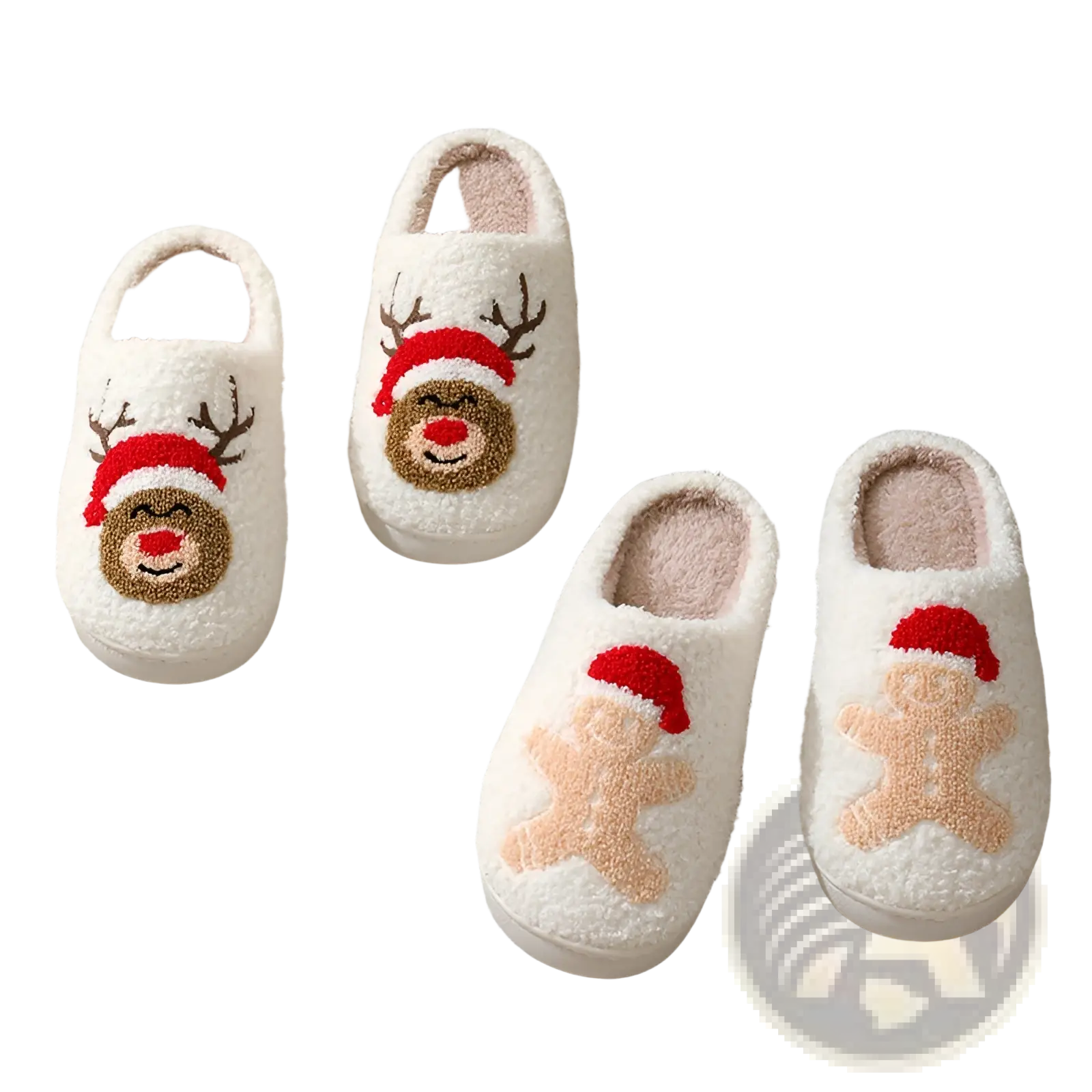 White fluffy festive embroidered santa and reindeer winter slippers with red brown and beige reindeer and gingerbread designs