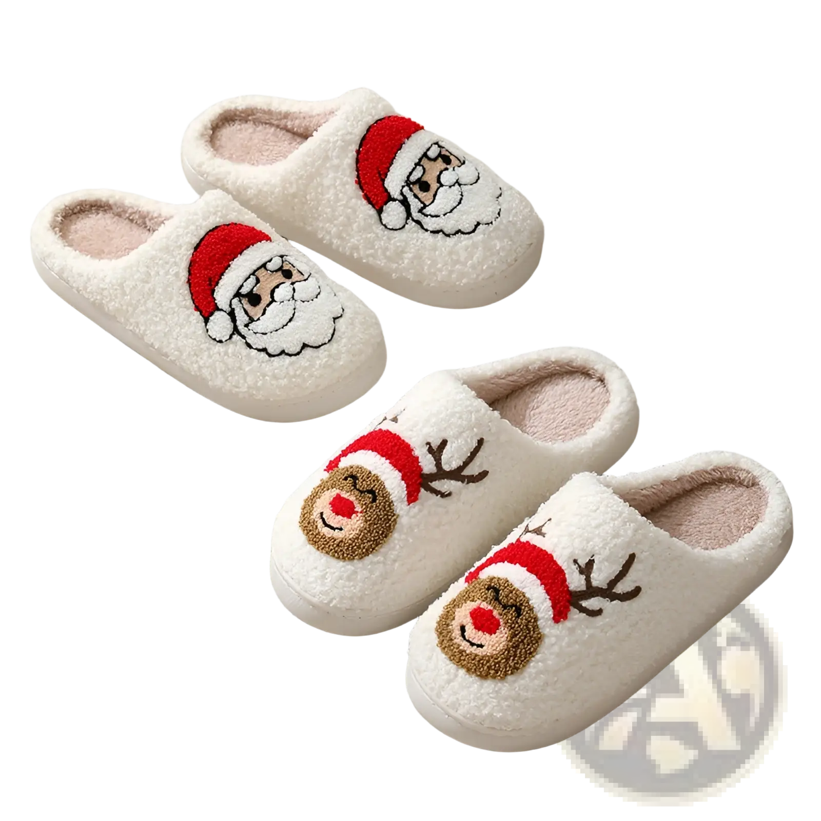 White fuzzy winter slippers with embroidered santa and reindeer faces featuring red hats and brown antlers