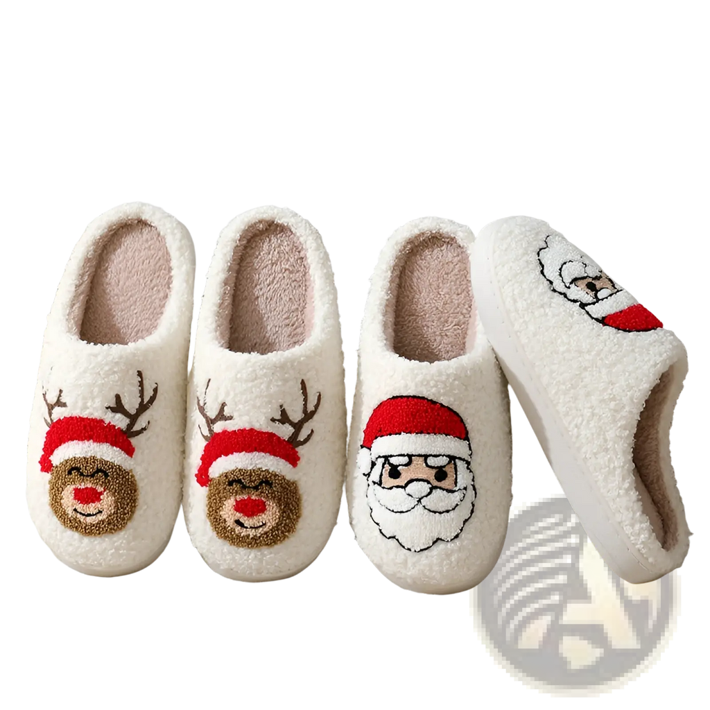 White fluffy festive embroidered santa and reindeer winter slippers with holiday-themed faces for indoor use