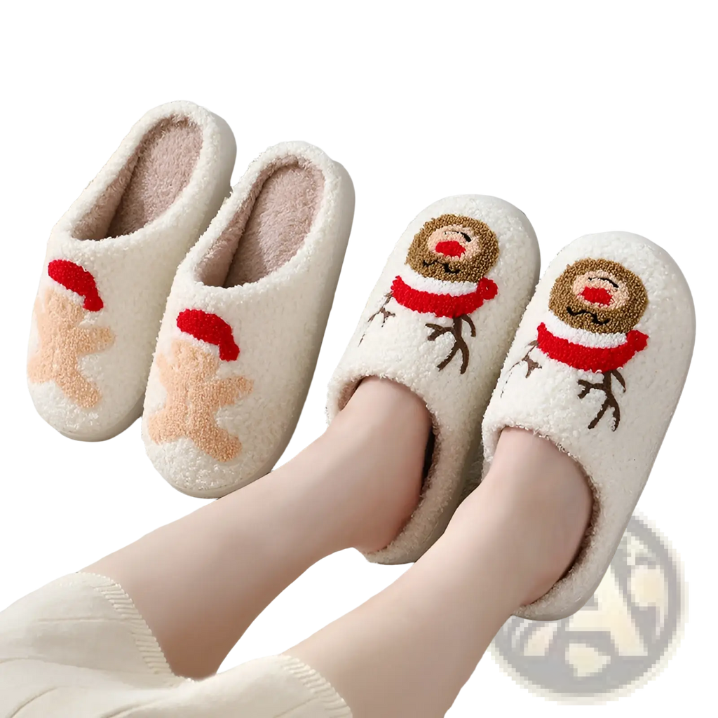 White plush festive embroidered santa and reindeer winter slippers with soft textured material and cozy fleece lining
