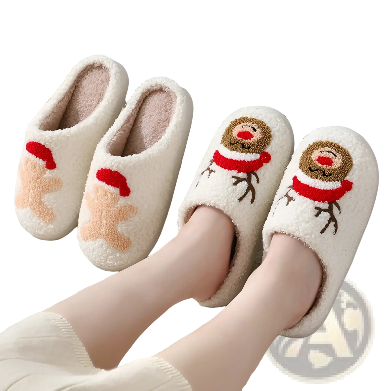 White plush festive embroidered santa and reindeer winter slippers with soft textured material and cozy fleece lining