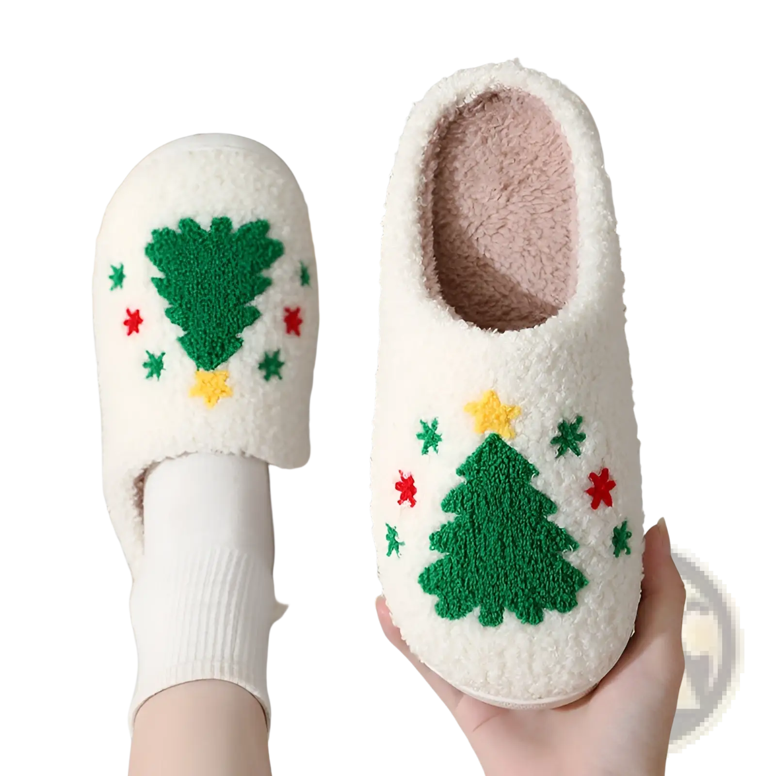 White fuzzy christmas tree slippers with green red and yellow embroidered stars for festive winter wear