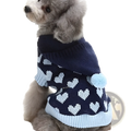 Navy blue and light blue knitted heart patterned dog hoodie with fluffy pom pom tail for festive winter wear