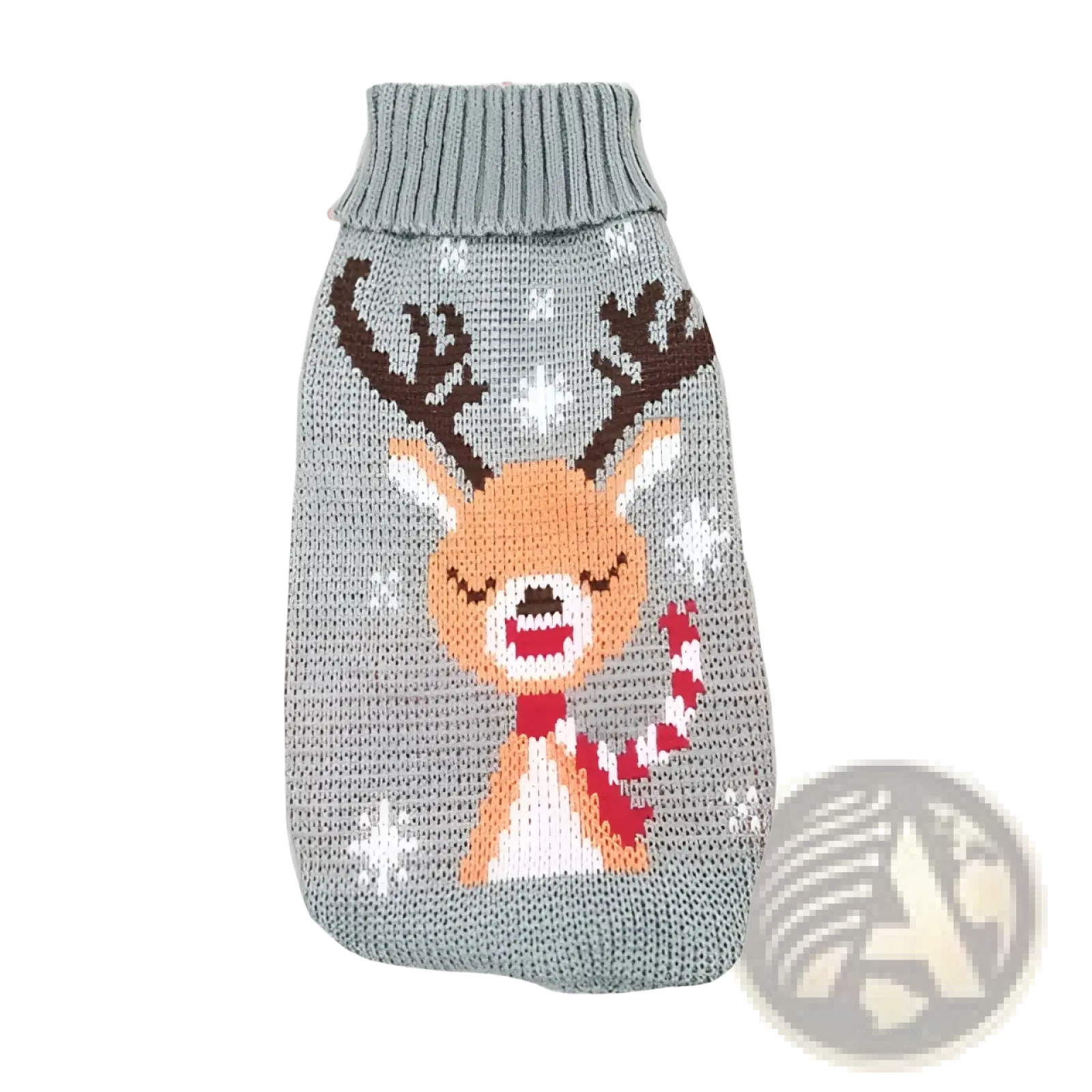 Gray knitted dog sweater featuring a cheerful reindeer with orange face red scarf and brown antlers for winter use