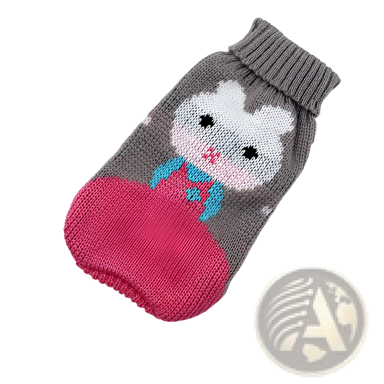 Festive knit pet sweater gray knitted with white bunny face pink bottom and blue overalls for winter dog apparel
