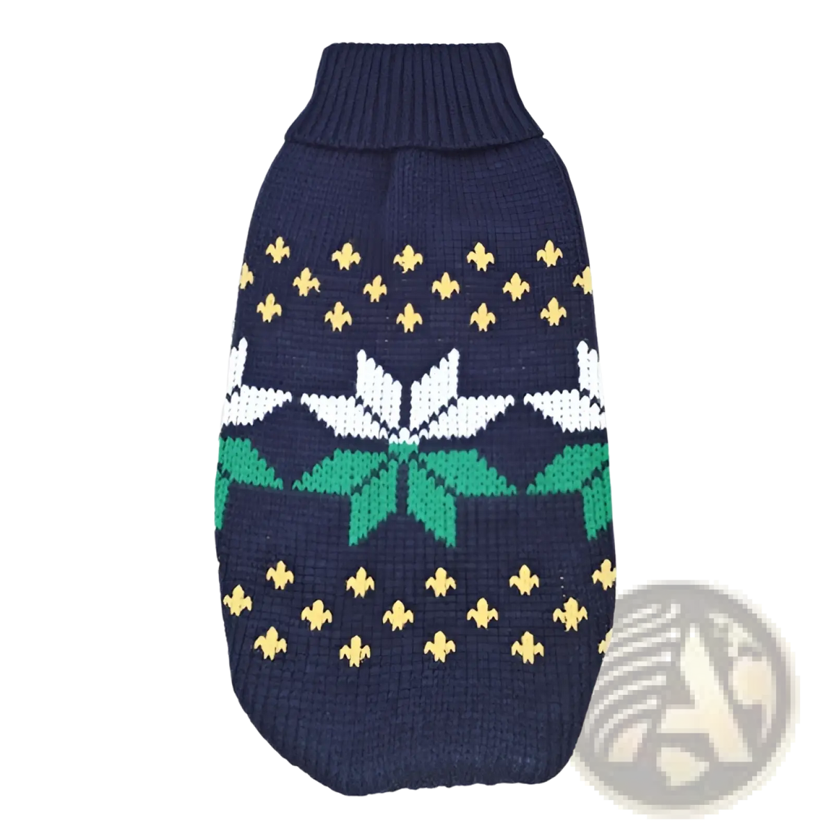 Navy blue knitted dog sweater with white and green snowflake and gold fleur-de-lis motifs for winter wear