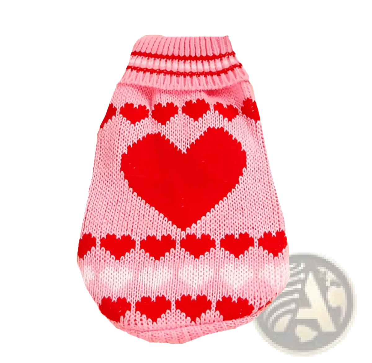 Festive knit pet sweater featuring pink knitted fabric with red and white heart patterns for winter dog apparel