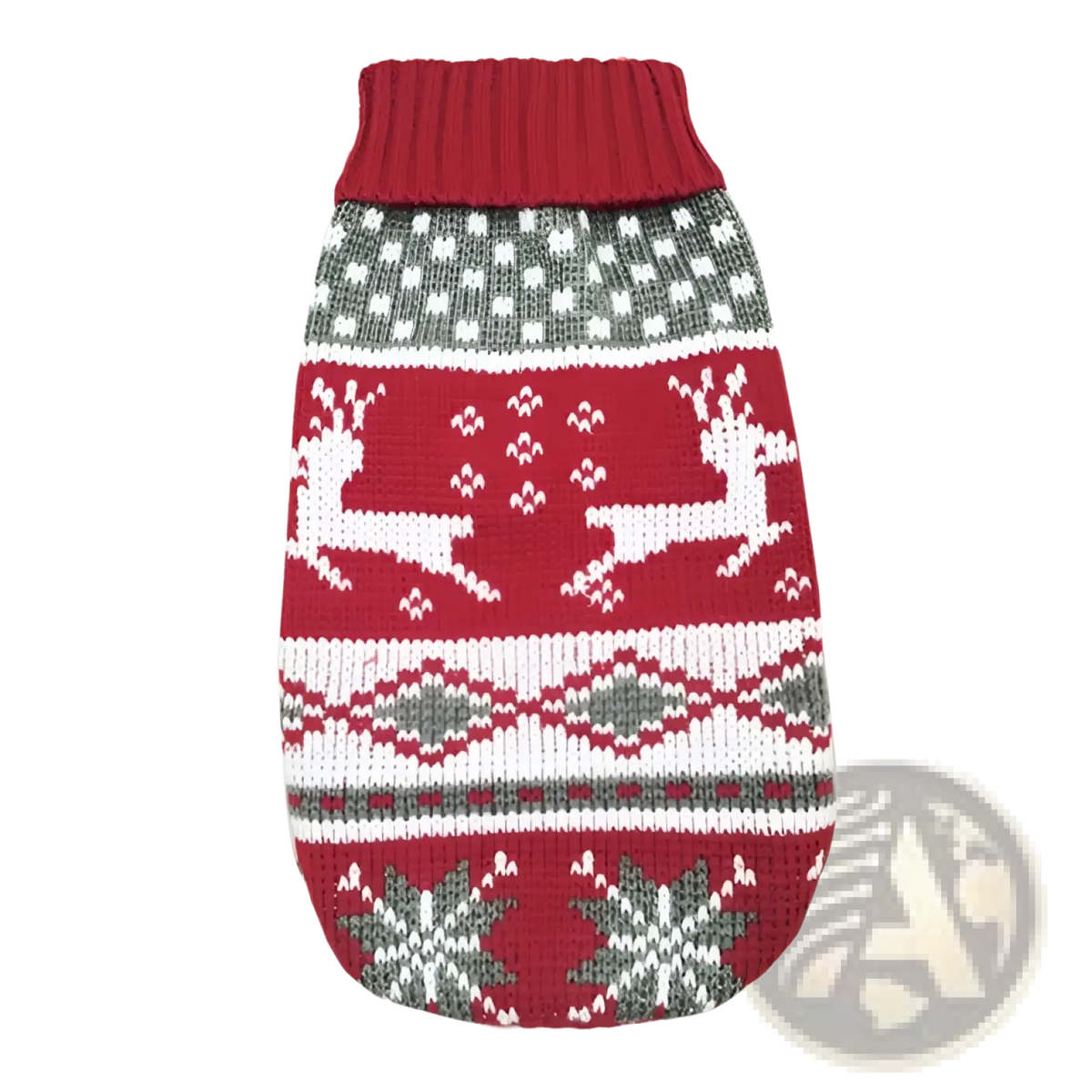 Festive knit pet sweater in red gray and white with reindeer and snowflake patterns for winter dog apparel