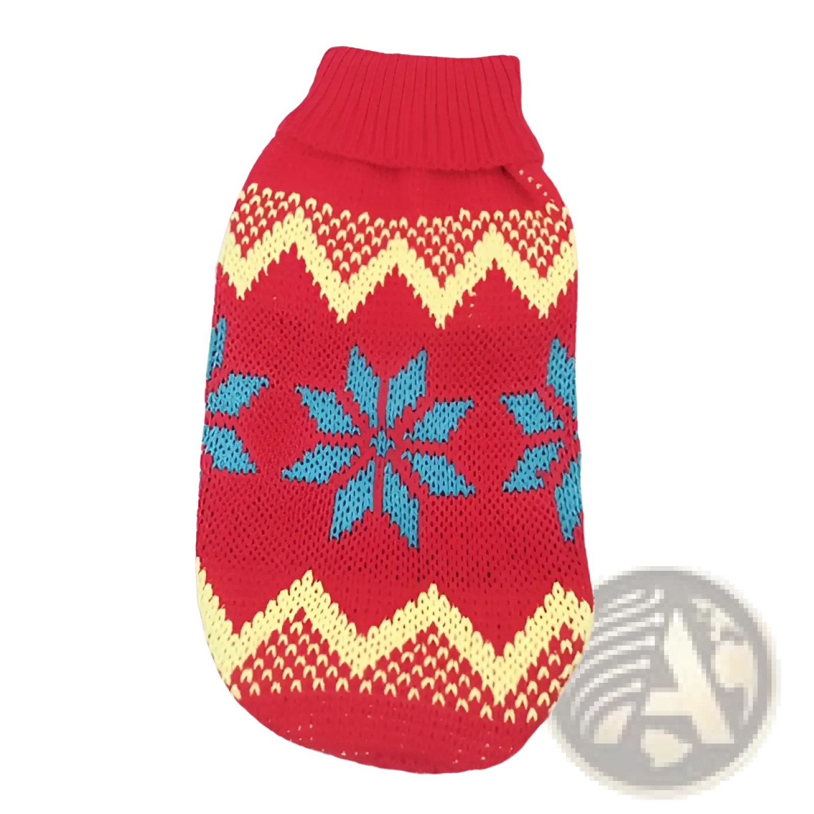 Red knitted dog sweater with blue and cream snowflake and zigzag patterns for festive winter pet apparel