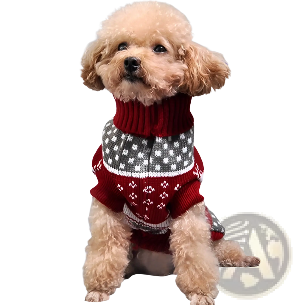 A fluffy tan poodle wearing a festive red gray and white knitted snowflake winter dog sweater with high collar
