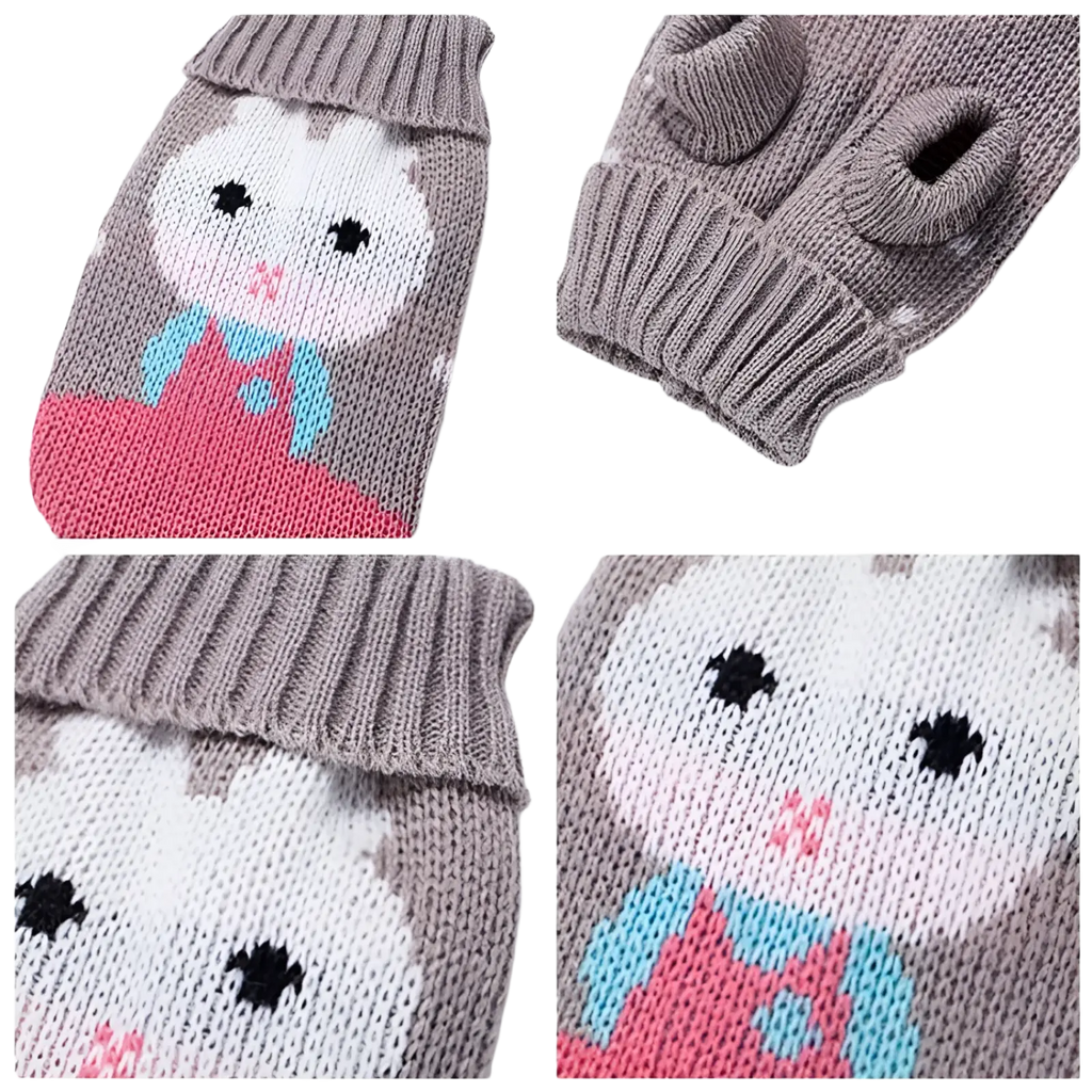Gray knitted children’s mittens featuring a white bunny in blue overalls knit design for festive winter use